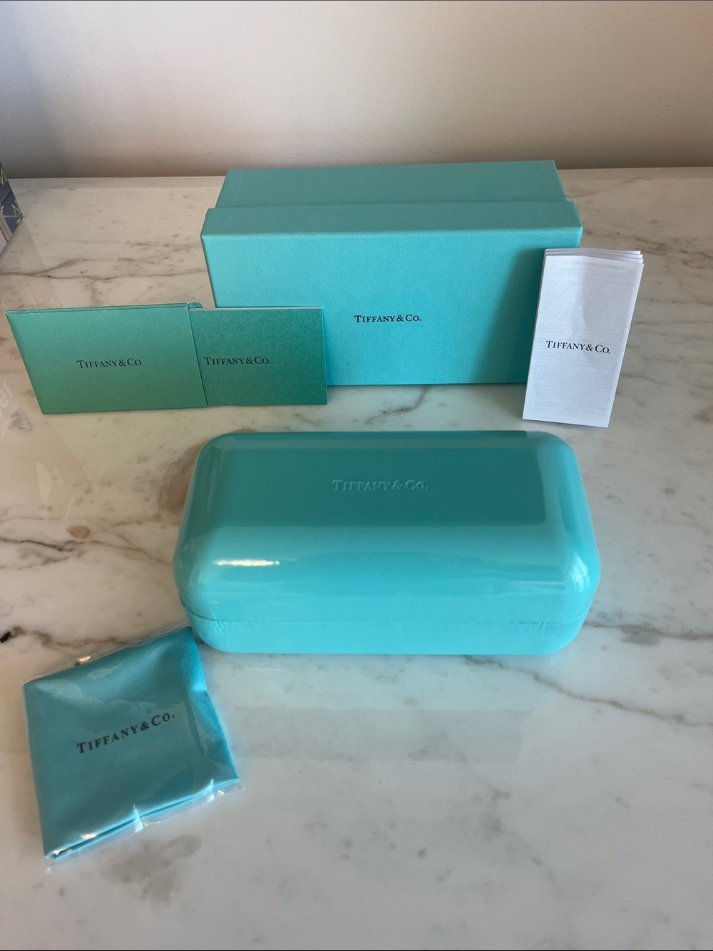 Tiffany eyeglass case w box , glass cloth and paperwork